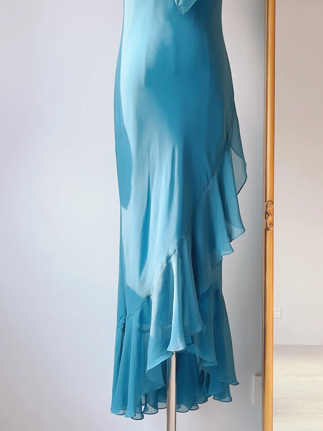 Vintage Prom Dresses 80s Sheath High Neck Blue Chiffon Sleeveless Tea Length Evening Formal Outfits RB4265