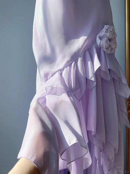 Vintage Prom Dresses Sheath Spaghetti Strap Lilac Chiffon 80s Sleeveless Evening Formal Dress RB3230