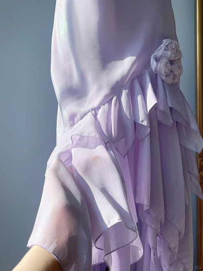 Vintage Prom Dresses 90s Mermaid Spaghetti Straps Lilac With Ruffles Sleeveless Tea Length Formal Outfits RB4264