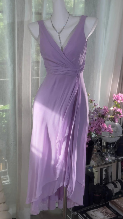 Charming Prom Dresses A Line V Neck Lilac Chiffon Mid Length Evening Outfits N3583