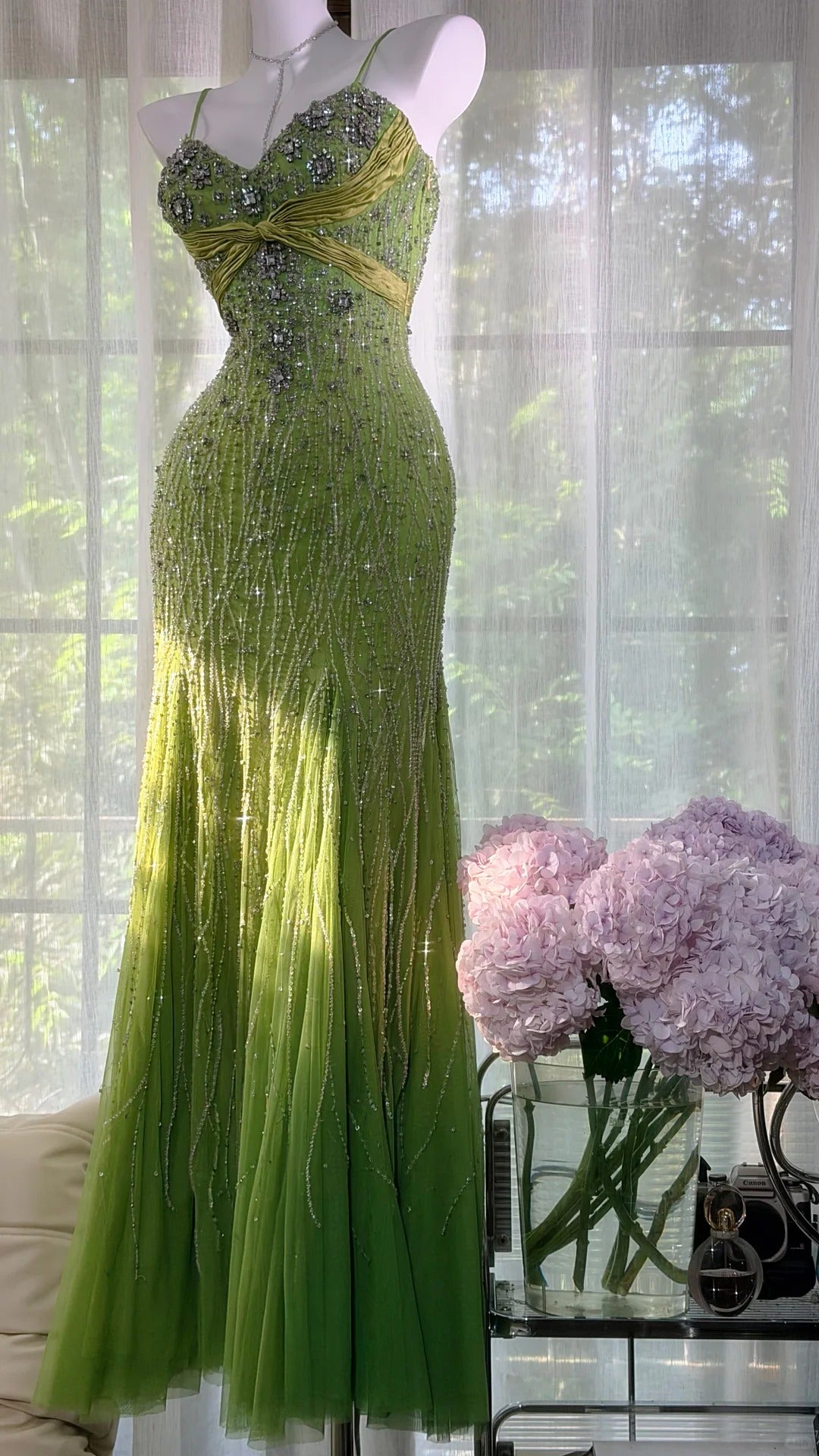 Sexy Mermaid Spaghetti Straps Green Tulle With Beading Prom Dress Formal Outfits Party Dresses RB7571
