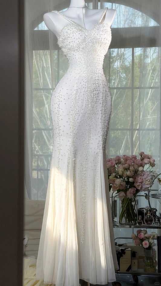 Modest Prom Dresses Mermaid Halter White Chiffon With Beading Floor Length Evening Outfits N3528