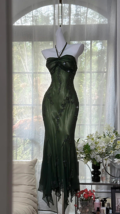 Sparkly Prom Dresses Mermaid Halter Green With Beaded Long Evening Outfits N3543