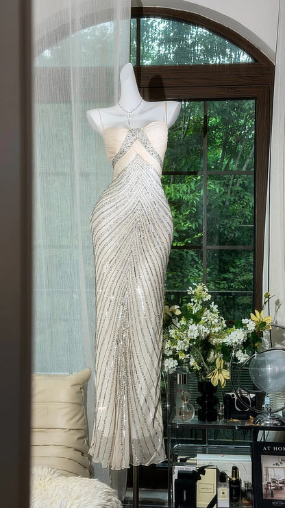 Sparkly Mermaid Spaghetti Strap White With Silver Beading Chiffon Floor Length Prom Dresses Inspo Formal Outfits RB4515