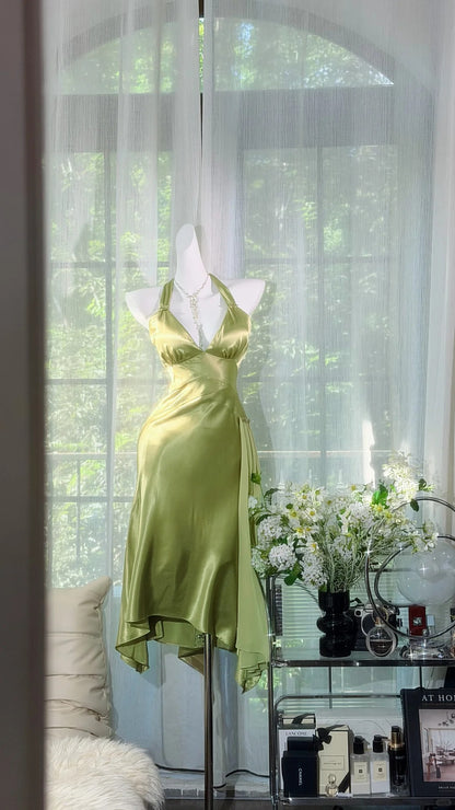 Vintage Hoco Dress Mermaid Halter Sage Green Satin Knee Length Homecoming Party Dresses RB9788