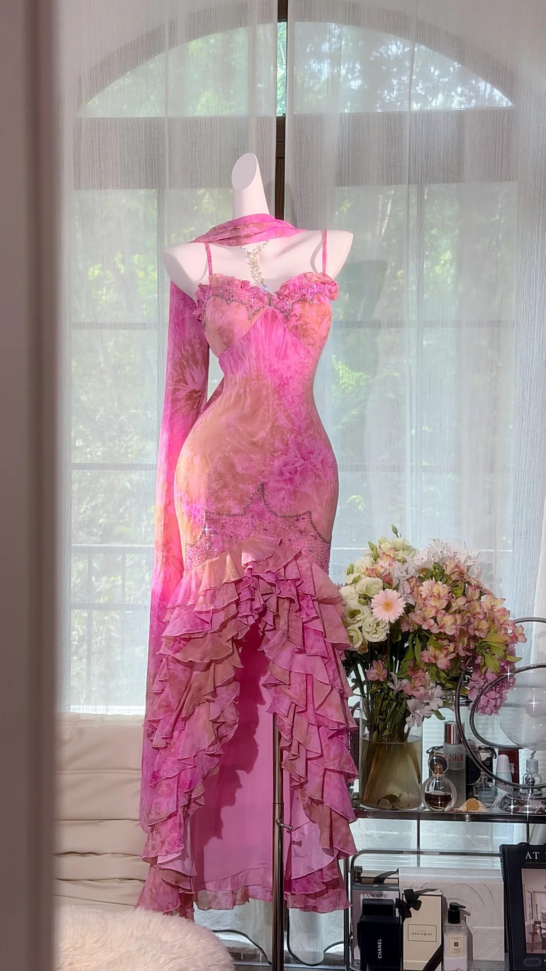 Sexy Mermaid Spaghetti Straps Pink Floral Chiffon With Ruffled Prom Dress Formal Outfits Party Dresses RB7569