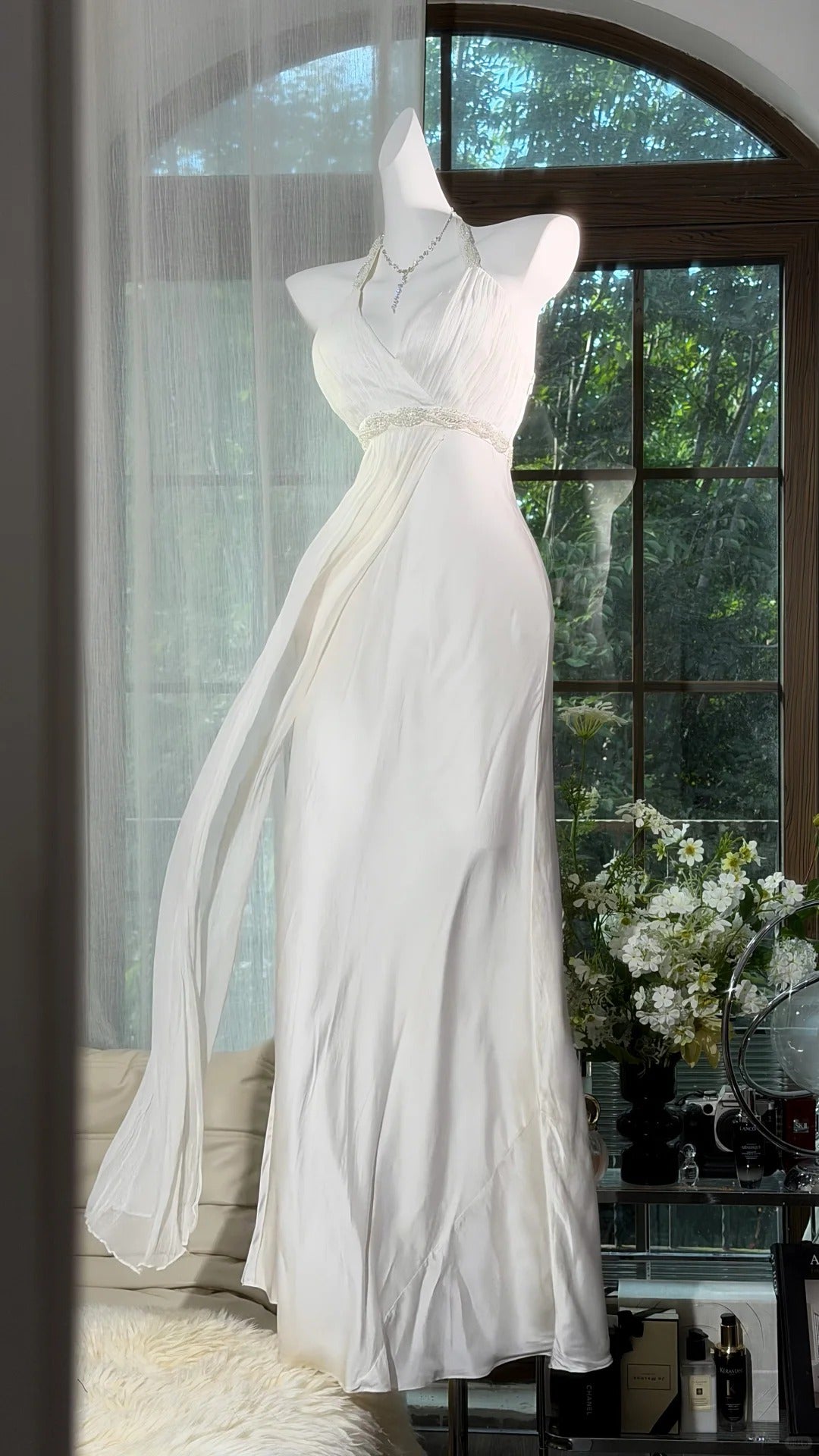 Vintage Mermaid Halter White Chiffon With Beading Long Prom Dress Formal Outfits Party Dresses RB7558