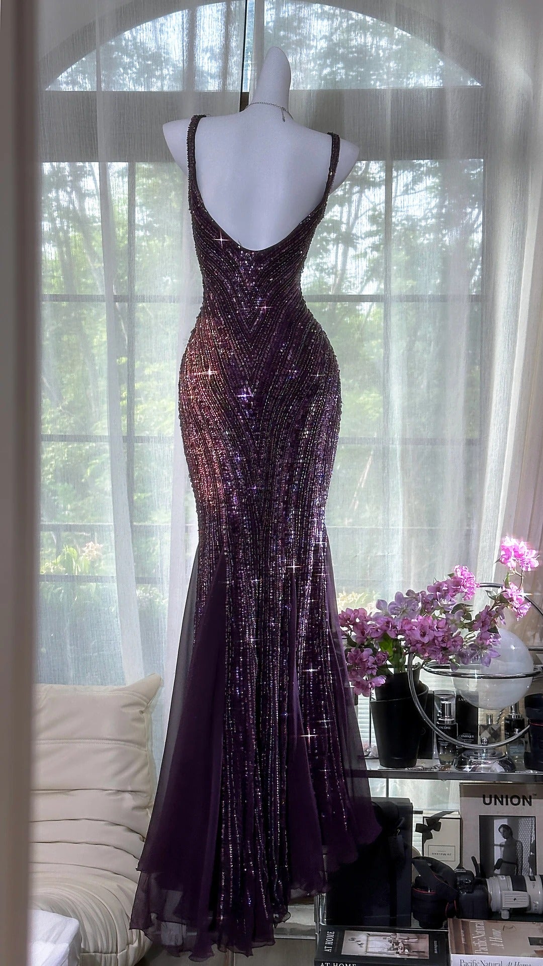 Modest Prom Dresses Mermaid Sweetheart Purple With Beading Chiffon Sleeveless Evening Outfits N3571