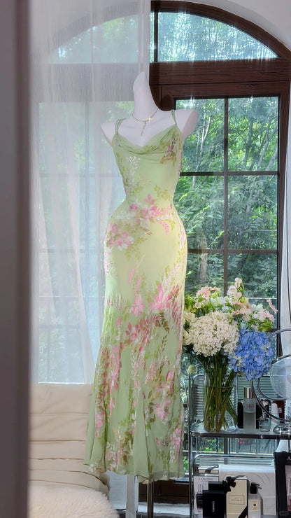 Vintage Mermaid Spaghetti Strap Mint Green Chiffon Floral Prom Dress Formal Outfits Party Dresses RB7562
