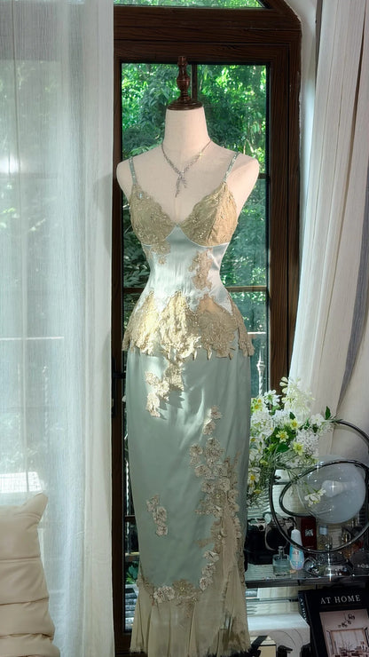 Vintage Mermaid Spaghetti Strap Mint Green With Lace Slit Prom Dress Formal Outfits Party Dresses RB7560