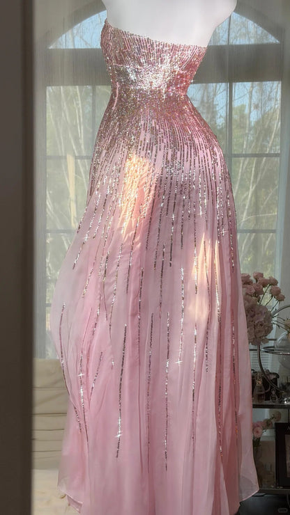 Elegant Prom Dresses Mermaid Strapless Pink Chiffon High Low Formal Evening Outfits N3530
