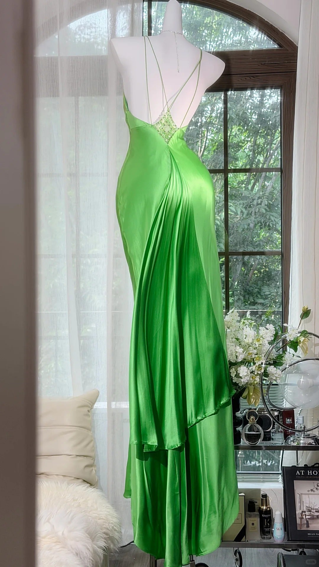 Sophisticated Mermaid Spaghetti Strap Satin Green Backless Chiffon Floor Length Prom Dresses Inspo Formal Outfits RB4514