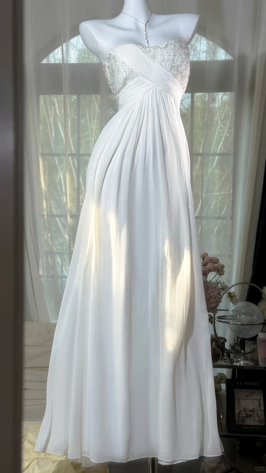 Modest Prom Dresses A line Swetheart White Chiffon Floor Length Evening Outfits N3525