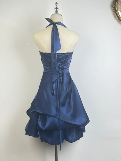 Vintage Ball Gown Halter Sleeveless Navy Blue 18th Birthday Dress Short Homecoming Dresses N4758