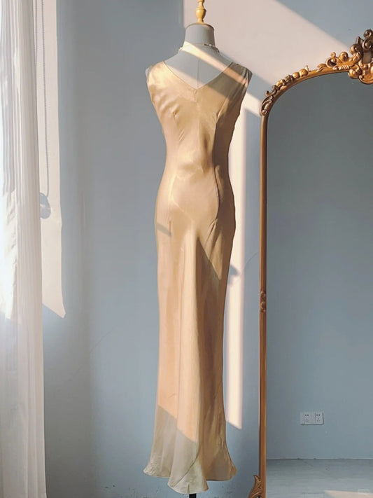 Vintage Prom Dresses Sheath Gold  1970s Sleeveless Long Evening Formal Dress RB3251