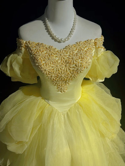 Vintage Prom Dresses Ball Gown Off The Shoulder Yellow Long 70s Beads Formal Gown N2573