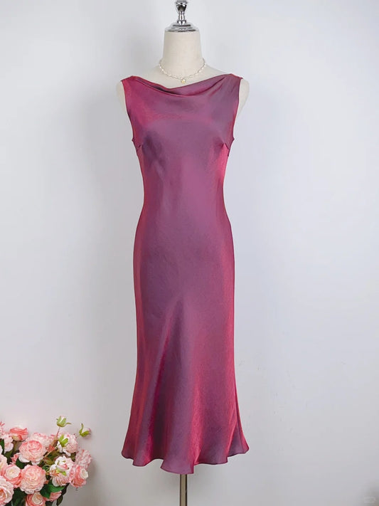 Simple Mermaid Cowl Fuchsia Tea Length Prom Dresses Formal Outfits RB3908