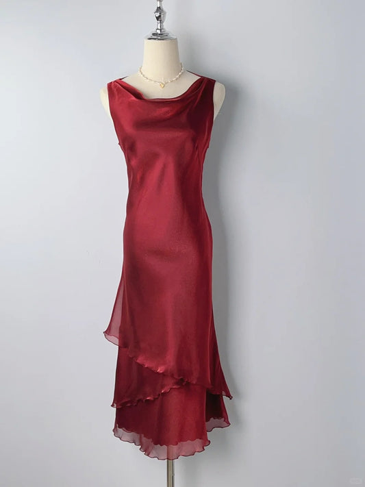 Vintage Sheath Cowl Neck Burgundy With Ruffles Chiffon Tea Length Prom Dresses Formal Outfits RB3901
