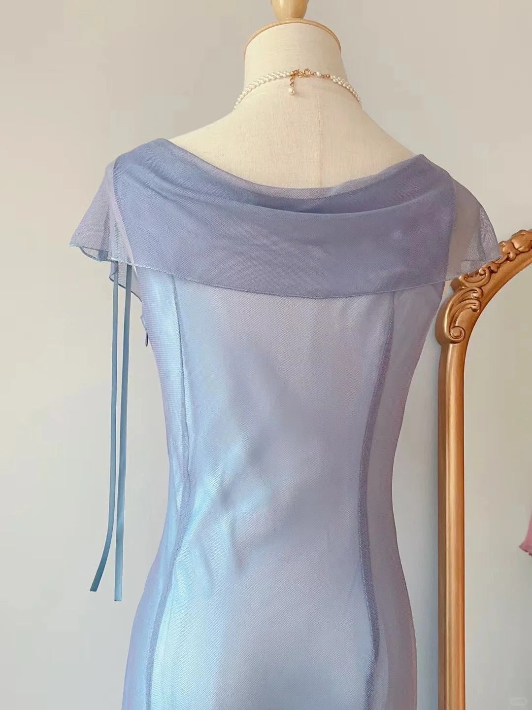 Vintage Sheath Cowl Blue Tea Length Chiffon Prom Dresses Formal Outfits RB3897