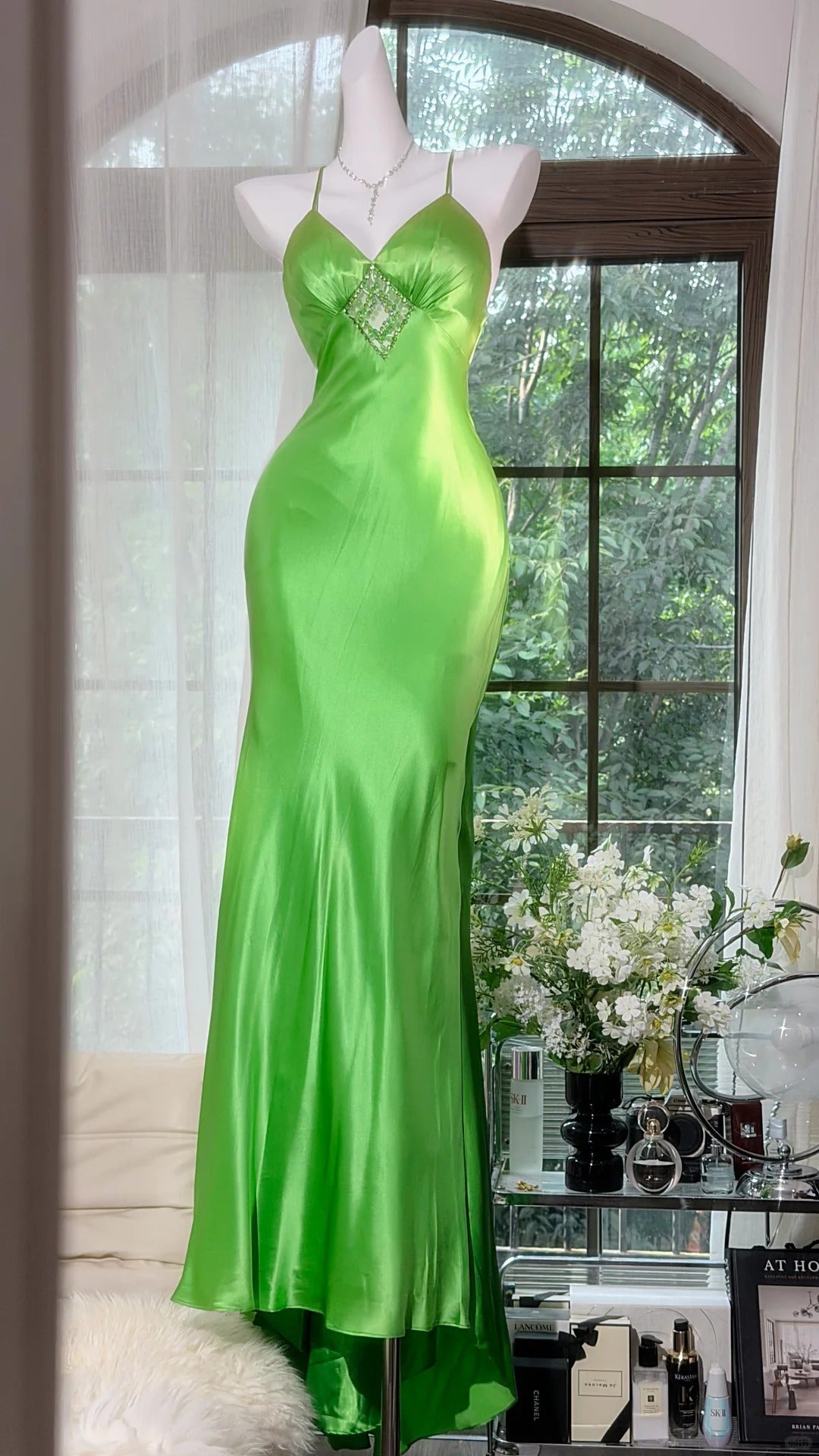 Sophisticated Mermaid Spaghetti Strap Satin Green Backless Chiffon Floor Length Prom Dresses Inspo Formal Outfits RB4514