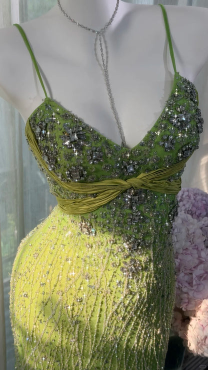 Sexy Mermaid Spaghetti Straps Green Tulle With Beading Prom Dress Formal Outfits Party Dresses RB7571