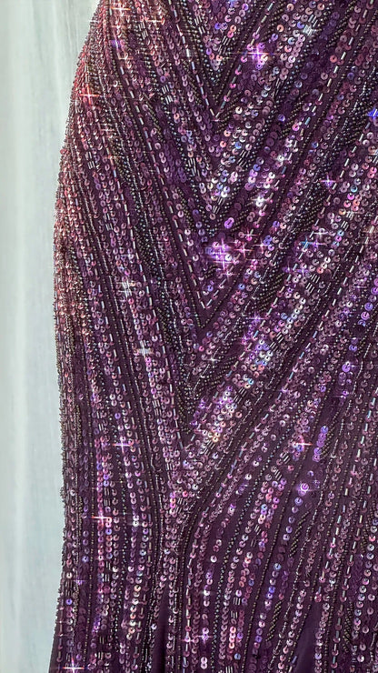 Sexy Mermaid Spaghetti Straps Grape Sequins Slit Long Prom Dresses Inspiration Party Dress 21st Birthday Outfit Graduation Dress RB1196