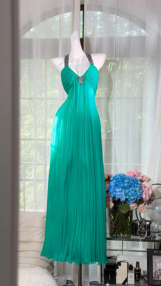 Classy A line Halter Blue Chiffon With Beads Sequin Long Prom Dresses Formal Outfits RB3888