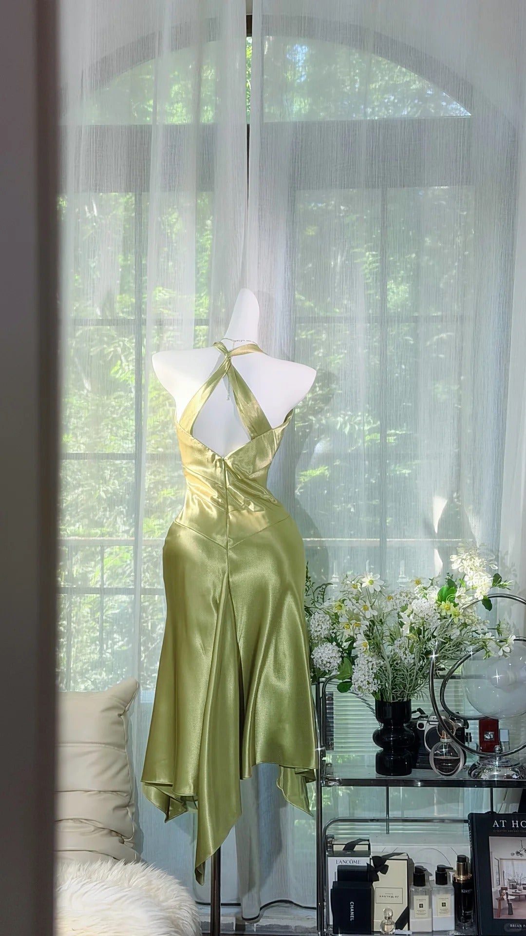 Vintage Hoco Dress Mermaid Halter Sage Green Satin Knee Length Homecoming Party Dresses RB9788