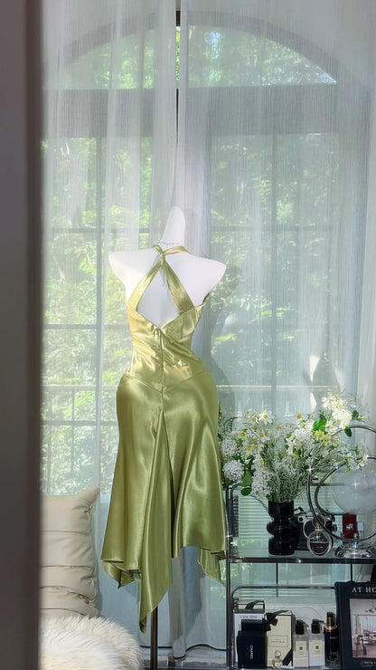 Vintage Hoco Dress Mermaid Halter Sage Green Satin Knee Length Homecoming Party Dresses RB9788