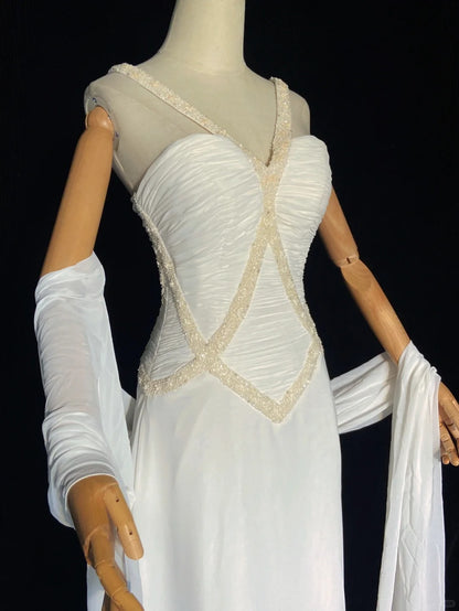 Romantic Wedding Dresses Mermaid Halter Chiffon With Beaded White Long Bridal Gown N3404