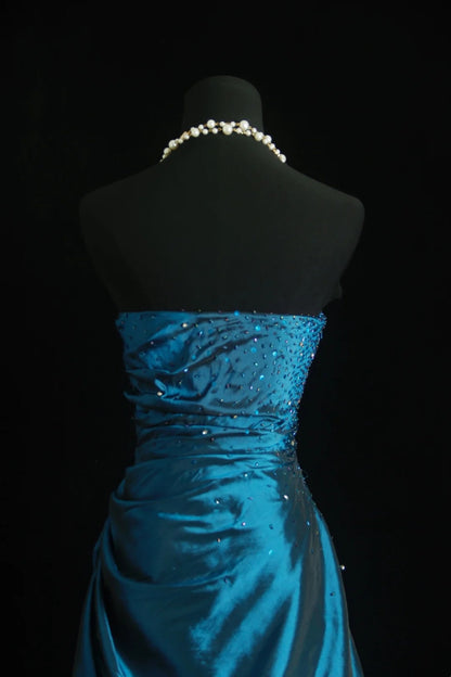 Princess Prom Dresses Ball Gowns Strapless Sleeveless Blue Satin With Beaded Bodice Evening Long Formal Dress RB3271