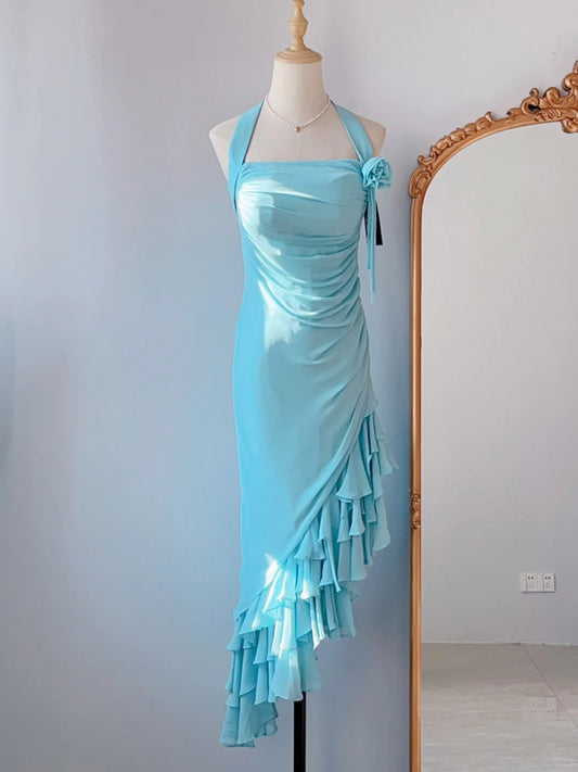 Modest Mermaid Halter Blue Irregular Tea Length Spring Summer Event Outfits Wedding Guest Dresses RB3238