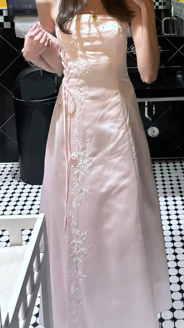 Vintage 90s A Line Spaghetti Straps Light Pink For High Schools Teens Prom Dresses Long Graduation Dress N1658