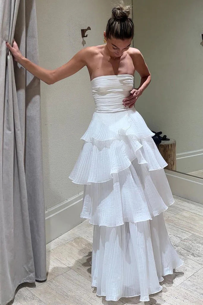 Elegant Strapless Tiered Floor Length Prom Dress, A Line Ruched Long Formal Evening Dress AB198