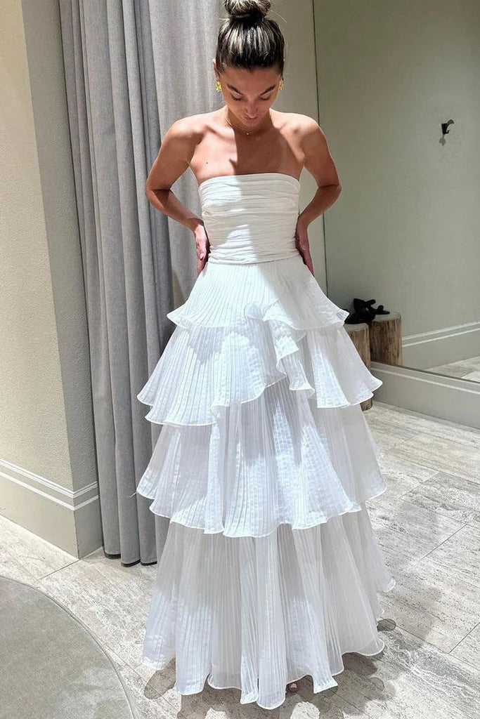 Elegant Strapless Tiered Floor Length Prom Dress, A Line Ruched Long Formal Evening Dress AB198