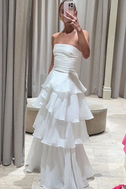 Elegant Strapless Tiered Floor Length Prom Dress, A Line Ruched Long Formal Evening Dress AB198