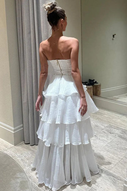 Elegant Strapless Tiered Floor Length Prom Dress, A Line Ruched Long Formal Evening Dress AB198